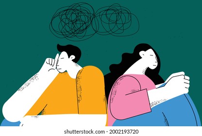 Couple Problems, Couple Therapy, Relationship And Marriage Problems, Depression And Anxiety Flat Vector Illustration Design. Sad, Unhappy And Tired Woman And Man Thinking, Feeling Confused
