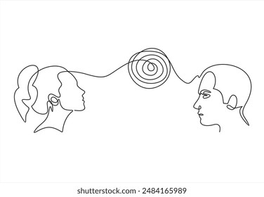 Couple problems. Couple therapy. Relationship and marriage problems.continuous one line drawing. Vector illustration