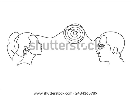 Couple problems. Couple therapy. Relationship and marriage problems.continuous one line drawing. Vector illustration