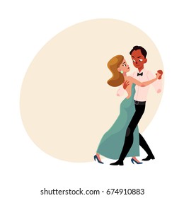 Couple of professional ballroom dancers, Caucasian woman, black man, looking at each other, cartoon vector illustration with space for text. Ballroom dance couple dancing waltz, salsa, rumba