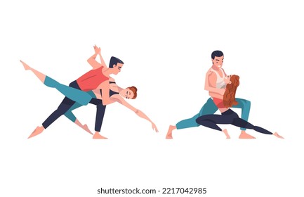 Couple of professional dancers training and exercising in studio, performing choreographic elements cartoon vector illustration