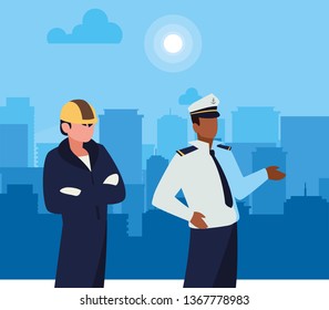 couple of professional workers in cityscape at sunrise