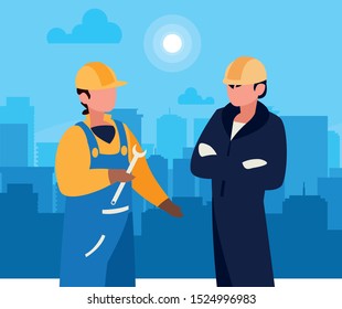 couple of professional workers in cityscape at sunrise vector illustration design
