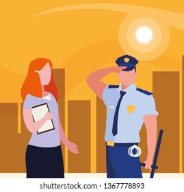 couple of professional workers in cityscape at sunset