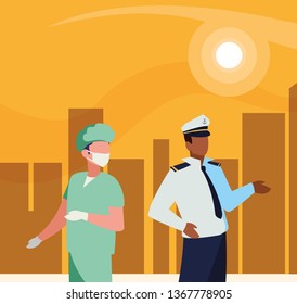 couple of professional workers in cityscape at sunset