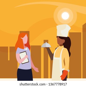 couple of professional workers in cityscape at sunset