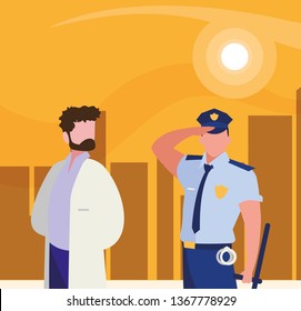 couple of professional workers in cityscape at sunset