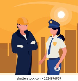 couple of professional workers in cityscape at sunset vector illustration design