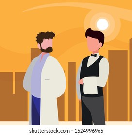 couple of professional workers in cityscape at sunset vector illustration design
