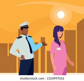 couple of professional workers in cityscape at sunset vector illustration design
