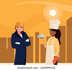 couple of professional workers in cityscape at sunset vector illustration design