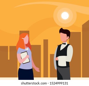 couple of professional workers in cityscape at sunset vector illustration design