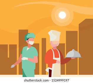 couple of professional workers in cityscape at sunset vector illustration design