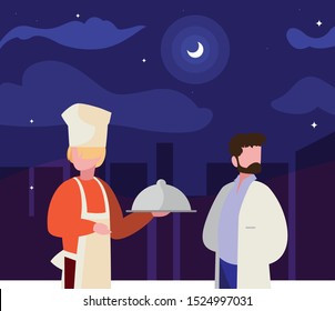 couple of professional workers on the night vector illustration design