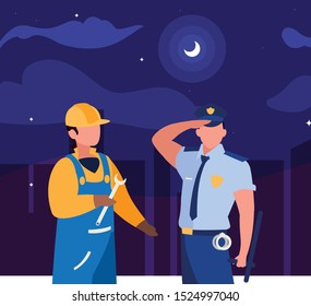 couple of professional workers on the night vector illustration design