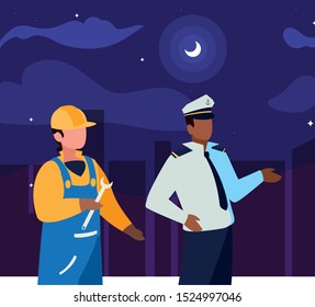 couple of professional workers on the night vector illustration design