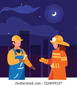 couple of professional workers on the night vector illustration design