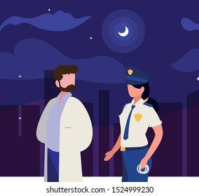 couple of professional workers on the night vector illustration design