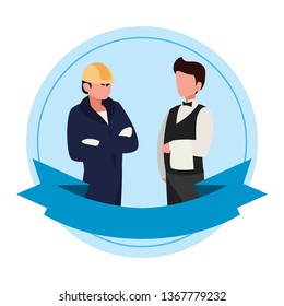 couple of professional workers with ribbon frame