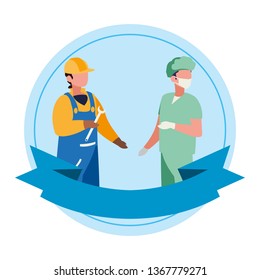 couple of professional workers with ribbon frame