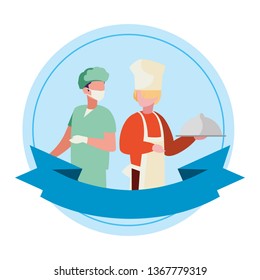 couple of professional workers with ribbon frame