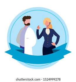couple of professional workers with ribbon frame vector illustration design