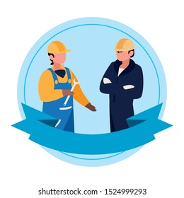couple of professional workers with ribbon frame vector illustration design