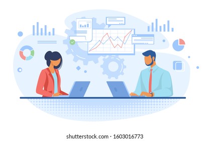 Couple of professionals analyzing graphs. Business people using laptops flat vector illustration. Business, analysis, marketing concept for banner, website design or landing web page