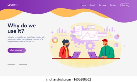 Mehrere Profis analysieren Graphen. Geschäftsleute, die Laptops mit flacher Vektorillustration verwenden. Business-, Analyse-, Marketing-Konzept für Banner, Website-Design oder Landing-Website