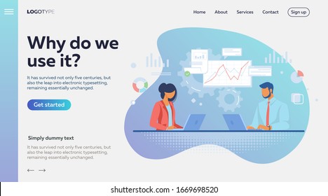 Couple of professionals analyzing graphs. Business people using laptops flat vector illustration. Business, analysis, marketing concept for banner, website design or landing web page