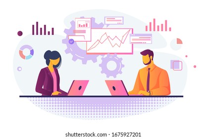 Un par de profesionales analizando gráficos. Empresarios que utilizan ilustraciones vectoriales planas portátiles. Negocio, análisis, concepto de marketing para banner, diseño de sitio web o página web de inicio