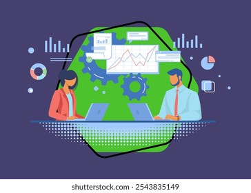 Couple of professionals analyzing graphs. Business people using laptops flat vector illustration. Business, analysis, marketing concept for banner, website design or landing web page
