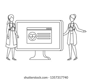 couple of professionals doctors with desktop