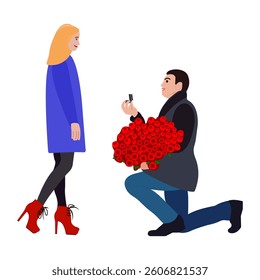 Couple, proposal of marriage, engagement. Vector illustration. 