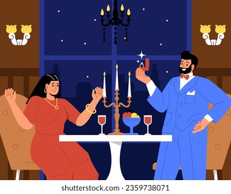 Un par de propuestas de concepto de día. El hombre le da a la joven anillo de diamantes en el restaurante. Novia y novio. Feliz familia en una cita romántica. Amor, pasión y romance. Dibujo vectorial plano de dibujos animados