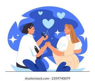 Couple at propose day concept. Man give woman ring with diamond. Love, romance and passion. Bride and groom, wife and husband. People at romantic date. Cartoon flat vector illustration
