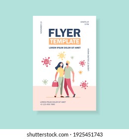 Pareja protegiéndose del coronavirus afuera. Hombre y mujer con mascarilla y abrazando ilustración vectorial plana. Covid, epidémico, concepto de protección para banner, diseño de sitios web o página web de aterrizaje