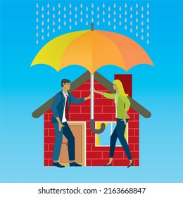 Couple protecting house with umbrella, parasol. Vector illustration. Square composition.