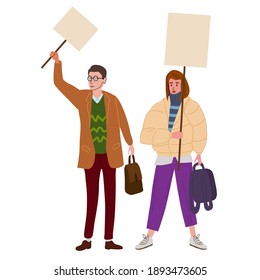 Couple Protesters man and woman holding empty banners. Activists protesting, political meeting, strike human rights. Vector illustration isolated