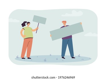 Couple protesting with banner and placard. Male and female characters on demonstration flat vector illustration. Protest, activism, freedom concept for banner, website design or landing web page