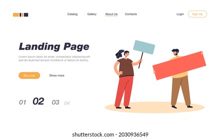 Couple protesting with banner and placard. Male and female characters on demonstration flat vector illustration. Protest, activism, freedom concept for banner, website design or landing web page