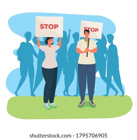 couple with protests placards, couple holding banners, activists with strike manifestation sign, human right concept vector illustration design