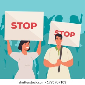 couple with protests placards, couple holding banners, activists with strike manifestation sign, human right concept vector illustration design