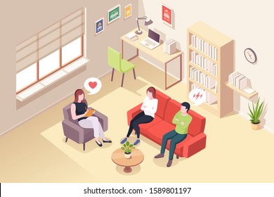 Couple at psychologist counseling, vector isometric illustration of people at psychologist counselor couch. Man and woman at psychology counseling session for relationship crisis and family problem