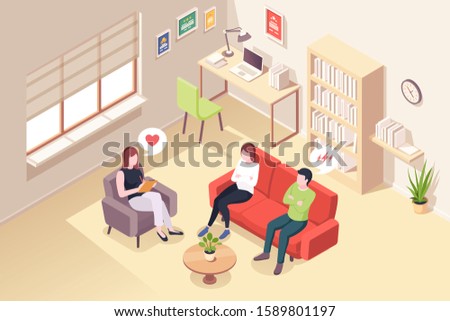 Couple at psychologist counseling, vector isometric illustration of people at psychologist counselor couch. Man and woman at psychology counseling session for relationship crisis and family problem