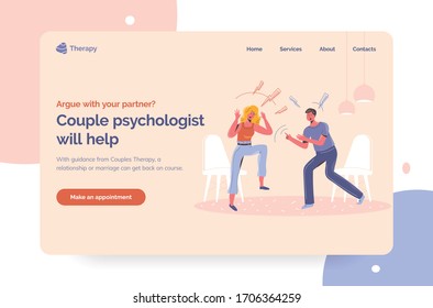 Couple psychologist help for arguing couples and family quarrels in stress. Professional therapist landing page first screen template. Man and woman with lightnings shouting at each other at home.