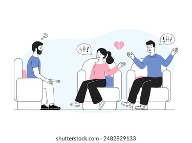 Couple at psychologist. Man and woman with psychologist. Mental health problems. Depression and frustration. Pair with conflict and quarrel. Linear vector illustration isolated on white background