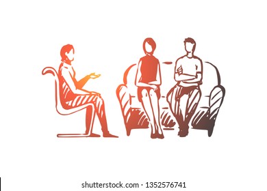 Couple, psychologist, problem, relationship, therapy concept. Hand drawn family couple at session with psychologist concept sketch. Isolated vector illustration.