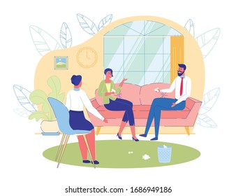 Couple Psychotherapy Session Scene with Married Partners Conflicting. Family Problems, Abusing and Finding Compromise Solution - Professional Psychological Assistance. Flat Vector Illustration.
