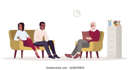 Couple psychotherapy session semi flat RGB color vector illustration. Relationship struggle. Family issues. Marriage problems. Psychology consultation. Isolated cartoon character on white background